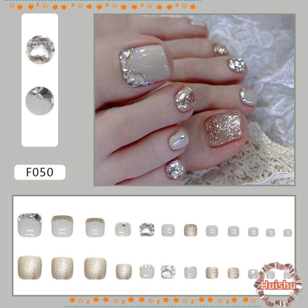 HS Set 24 Móng Chân Giả Che Phủ Toàn Diện Đính Pha Lê Lấp Lánh Cho Nữ