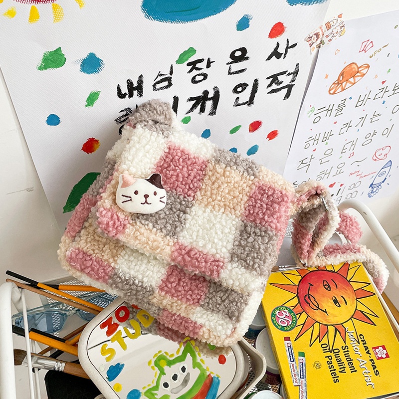 Túi Đeo Vai Vải Len Lông Cừu Mềm Sọc Ca Rô Màu Tương Phản Kiểu Nhật Bản Dễ Thương Cho Bạn Gái