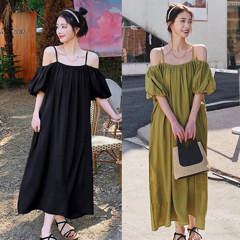 Đầm Dài Dáng Rộng Hở Vai Màu Sắc Trơn Thời Trang Dành Cho Nữ