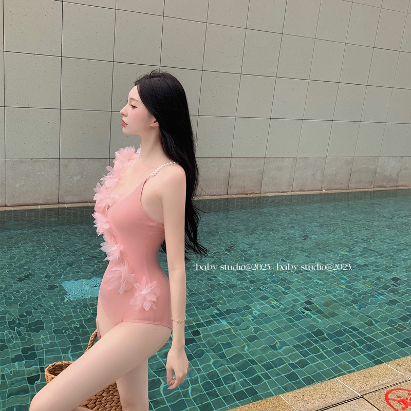 One Bộ Đồ Bơi Một Mảnh Cổ Chữ V Họa Tiết Hoa Đính Ngọc Trai Thời Trang Mùa Hè Quyến Rũ Cho Nữ