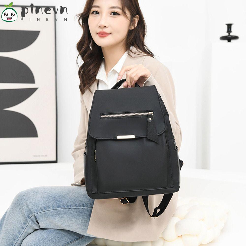 PINEVN Ba Lô Nylon Màu Đen Gọn Nhẹ Sức Chứa Lớn Chống Thấm Nước Màu Trơn Thời Trang Cho Học Sinh Nữ