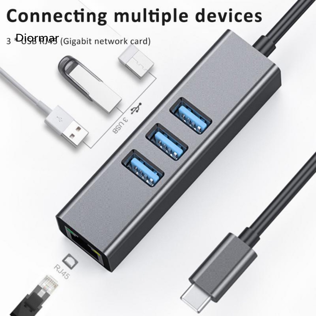 Bộ Chia Nhiều Cổng Mạng Dinio 4 Trong 1 Cổng USB 30 Type-C Sang RJ45 Thông Dụng Cho Máy Tính
