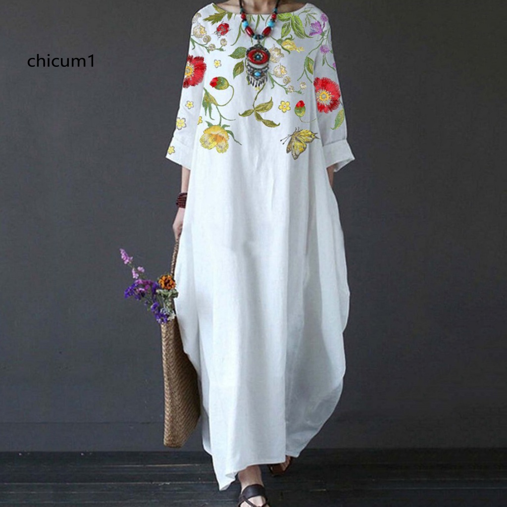 Đầm Maxi Cổ Tròn Tay 3 / 4 In Họa Tiết Hoa Lá Thời Trang Xuân Thu Xinh Xắn Cho Nữ