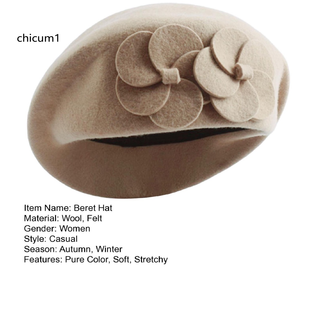 Mũ Beret CC Mềm Mại Màu Trơn Trang Trí Hoa Hai Lớp Thanh Lịch Giữ Ấm Mùa Thu Đông Kiểu Pháp Cho Nữ