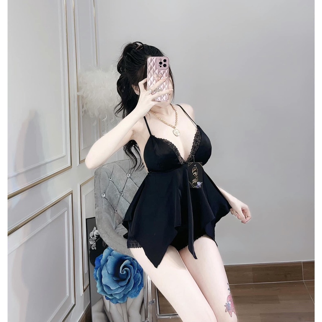 Set Bộ Sexy Xẻ Ngực Hai Dây Vải Satin Thiết Kế Loại 1 Dày Xịn MịnFreesize Dưới 60kg