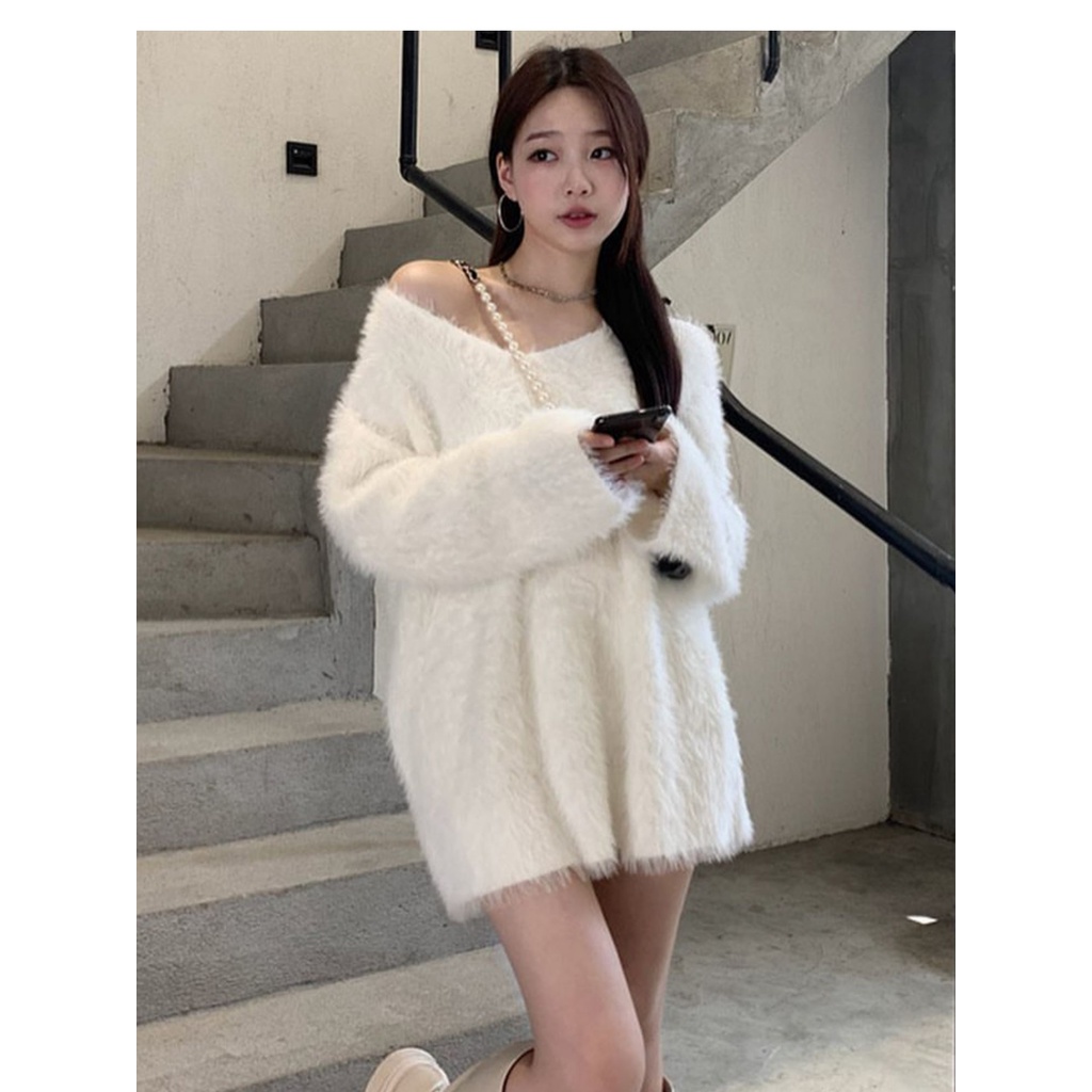 Áo sweater Dệt Kim Mềm Dáng Rộng Cổ Chữ V Thời Trang Thu Đông Cho Nữ