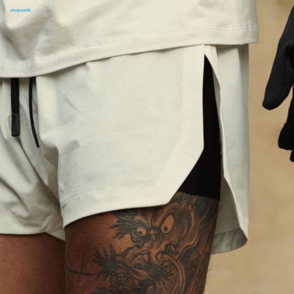 Quần Short Thể Thao Nam PEMG Lưng Thun Co Giãn Màu Trơn Hai Lớp Xẻ Tà Thấm Hút Mồ Hôi Dài Trên Đầu Gối