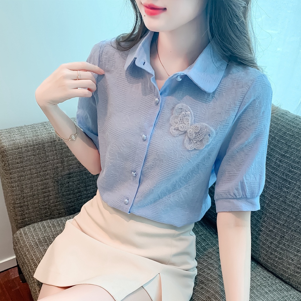 Áo Sơ Mi Vải Jacquard Cotton Mỏng Thêu Họa Tiết Ngọt Ngào Cho Nữ