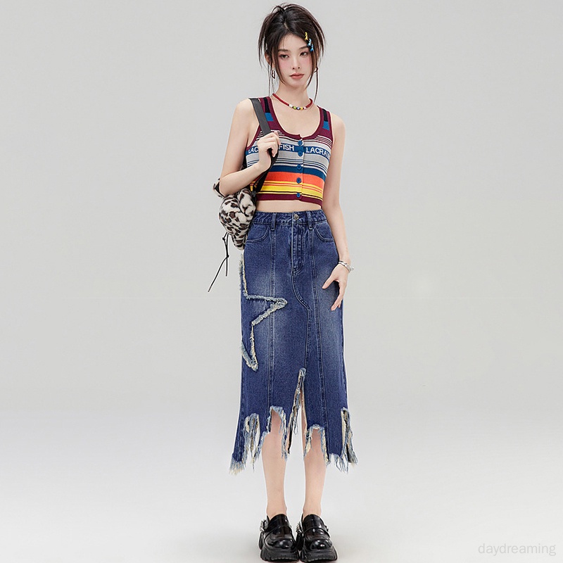 Áo Croptop Dệt Kim Sát Nách Họa Tiết Kẻ Sọc Cầu Vồng In Chữ Thời Trang Mùa Hè Cho Nữ