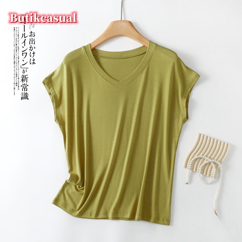 Áo Thun Trơn Mùa Hè 2023 Dáng Suông Tay Cộc Cổ Chữ V Bằng Vải cotton Co Giãn Thời Trang Cho Nữ