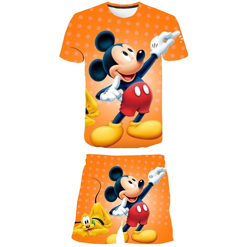 Set Đồ Mùa Hè Gồm Áo Thun In Hình Chuột Mickey + Quần Ngắn In Họa Tiết Hoạt Hình Dễ Thương Thời Trang Cho Bé Trai / Gái 1-14