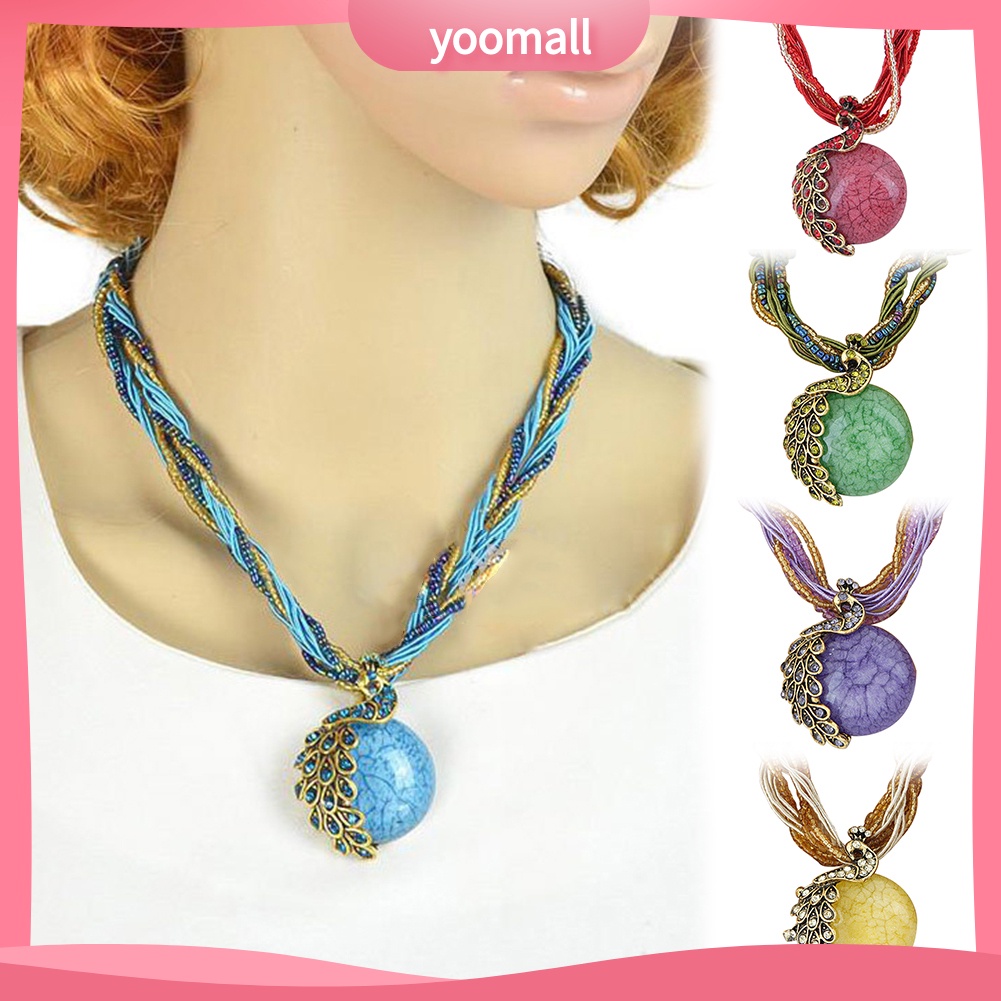 Vòng cổ Mặt Tròn Hình Chim Công Đính Đá Opal Nhân Tạo Phong Cách Bohemian