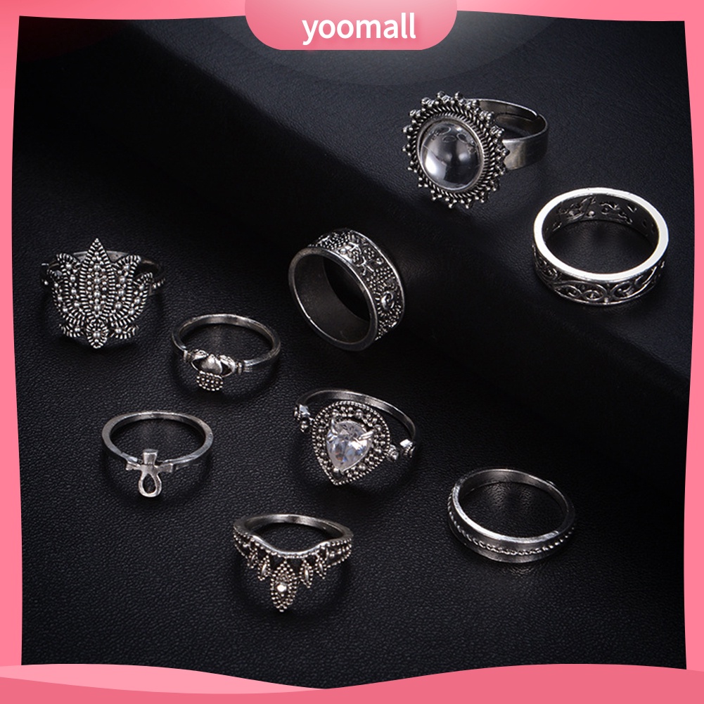 Bộ 9 Nhẫn Đeo Đốt Ngón Tay Đính Đá Phong Cách Retro Cho Nữ