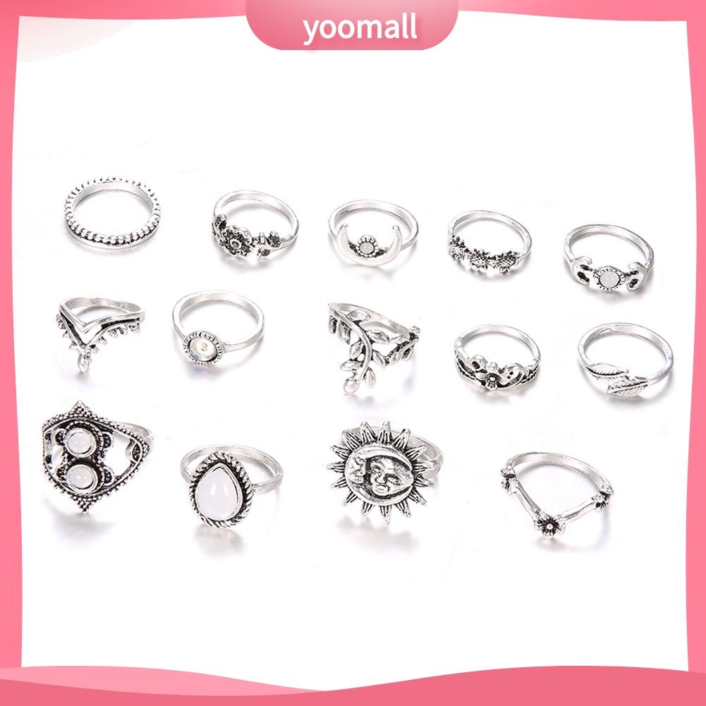 Bộ 14 Nhẫn Đeo Đốt Ngón Tay Họa Tiết Hoa Hướng Dương / Mặt Trăng Phong Cách Vintage Cho Nữ