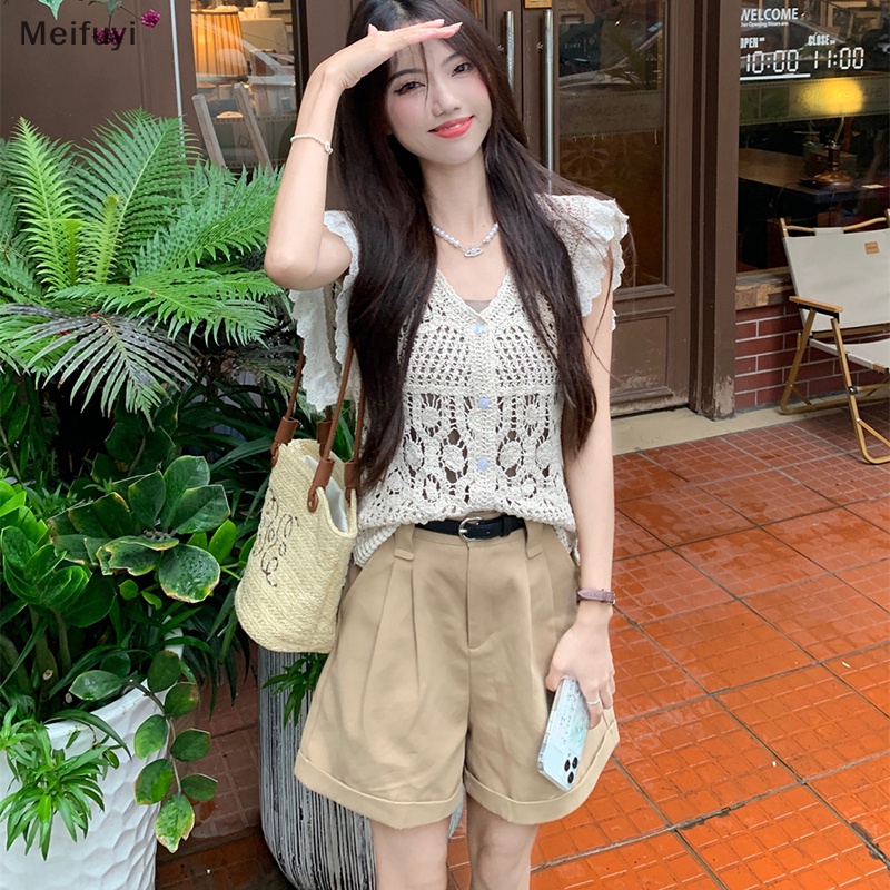 [Meifuyi] Summer Vintage Hollow Out Knitted Top Women Solid Color V Neck Sleeveless Camisole COD