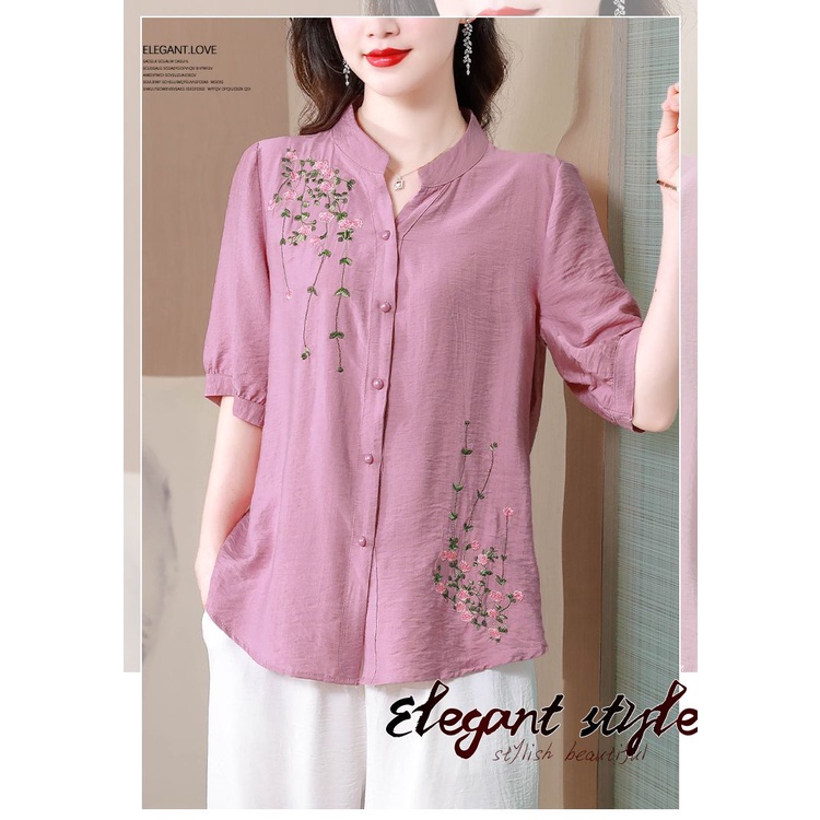 Áo Sơ Mi Cotton Lanh Tay Ngắn Dáng Rộng Thêu Họa Tiết Thời Trang Mùa Hè Mới Cho Mẹ