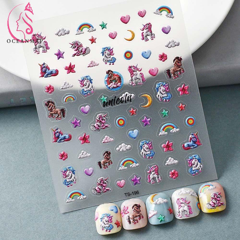OCEANMAP Miếng Dán Trang Trí Móng Tay Hình Kỳ Lân Và Mèo Thời Trang
