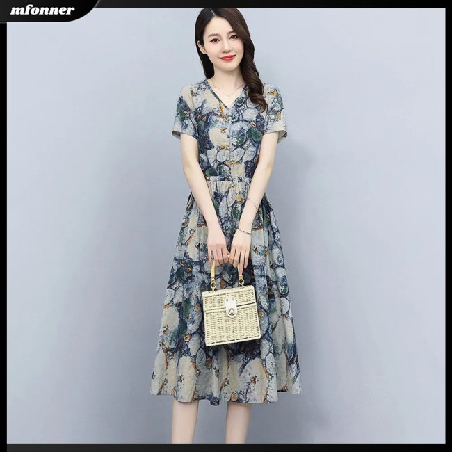 Đầm Midi Ngắn Tay Dáng Chữ A Lưng Cao In Hoa Phối Túi Thời Trang Mùa Hè Cho Nữ