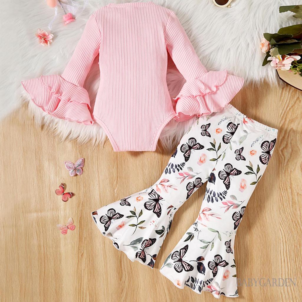 Set Áo Liền Quần / Quần Dài Ống Loe In Hoa Màu Sắc Xinh Xắn Cho Bé Gái 0-18 Tháng Tuổi