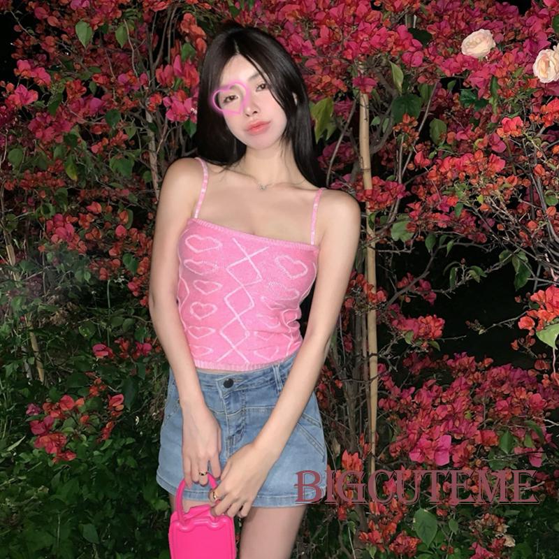 Áo Hai Dây Dệt Kim Ôm Dáng In Họa Tiết Trái Tim Thời Trang Mùa Hè Cho Nữ