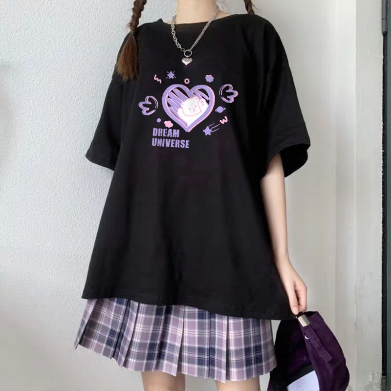 Áo Thun Tay Ngắn Dáng Rộng Màu Đen In Hình Trái Tim Thời Trang Mùa Hè Xinh Xắn Cho Nữ
