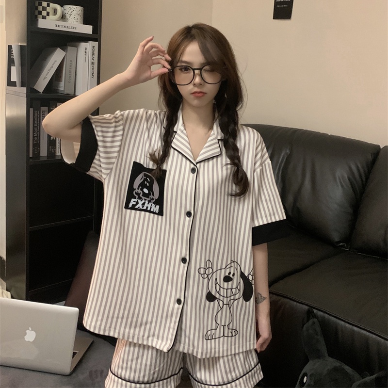 Bộ Đồ Ngủ Ngắn Tay Dáng Rộng Vải Mỏng Thiết Kế Dễ Thương Thời Trang Mùa Hè Dành Cho Nữ Sinh