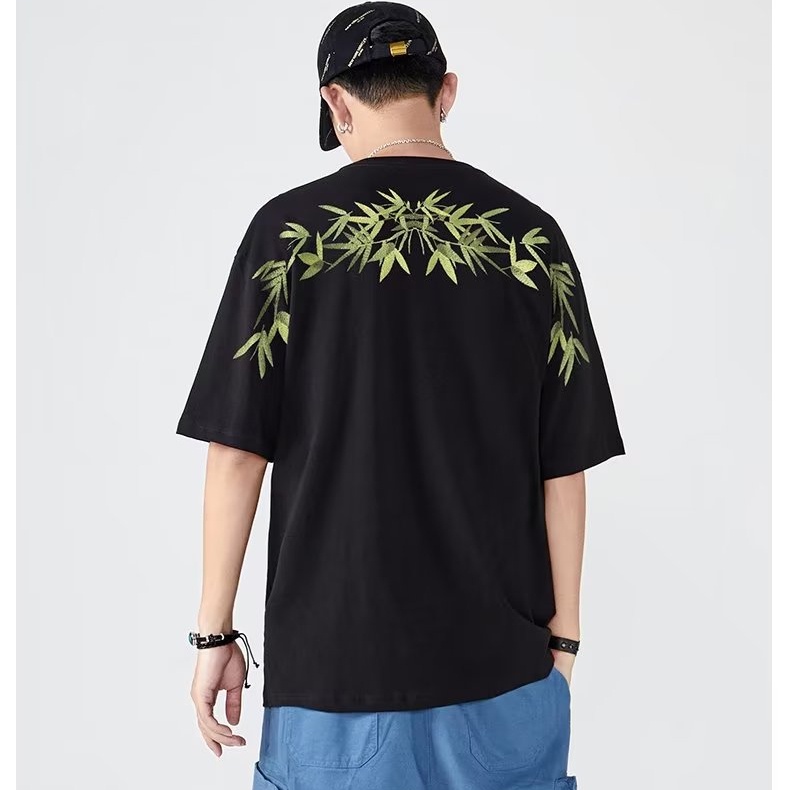 Áo Thun Tay Ngắn Dáng Rộng Thêu Hình Lá Tre Thời Trang Cá Tính Cho Nam
