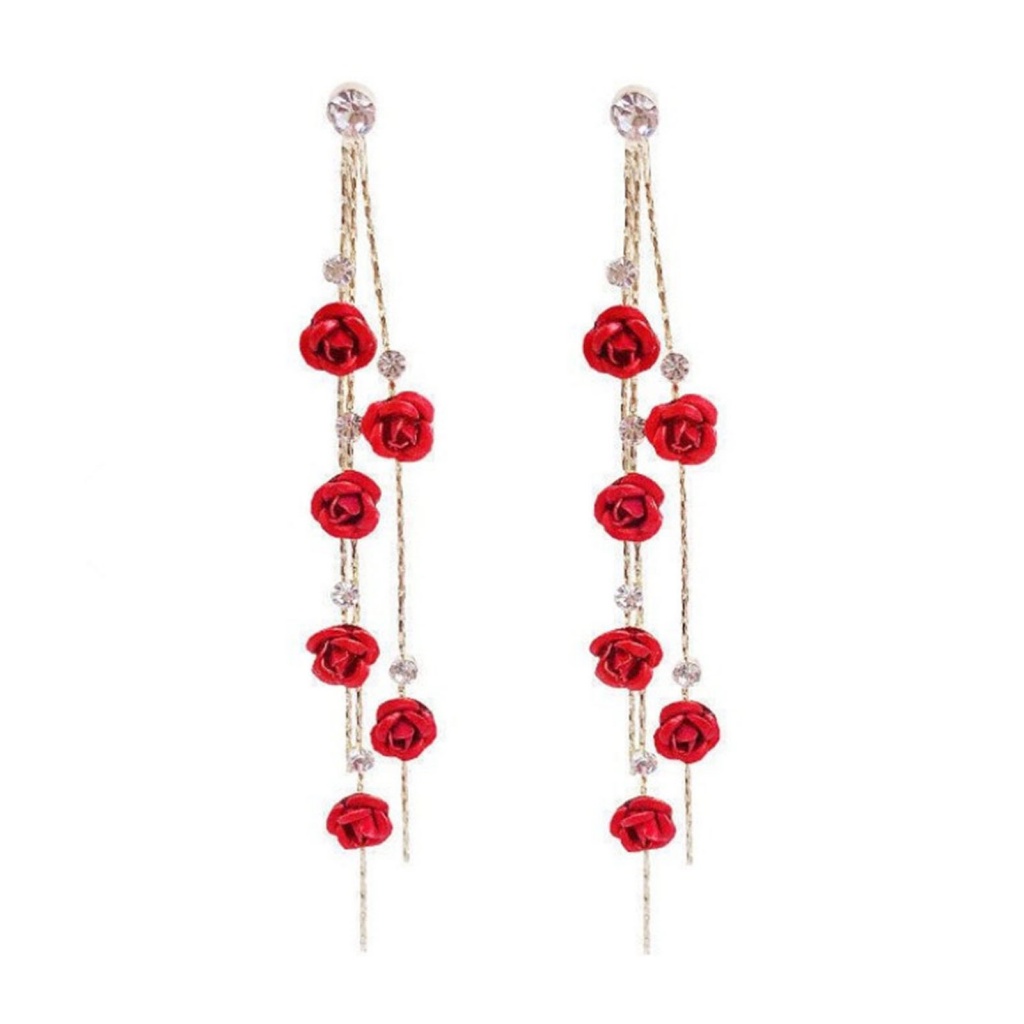 1 Đôi Bông Tai Dài Hình Hoa Hồng Đính Đá Lấp Lánh Dành Cho Nữ