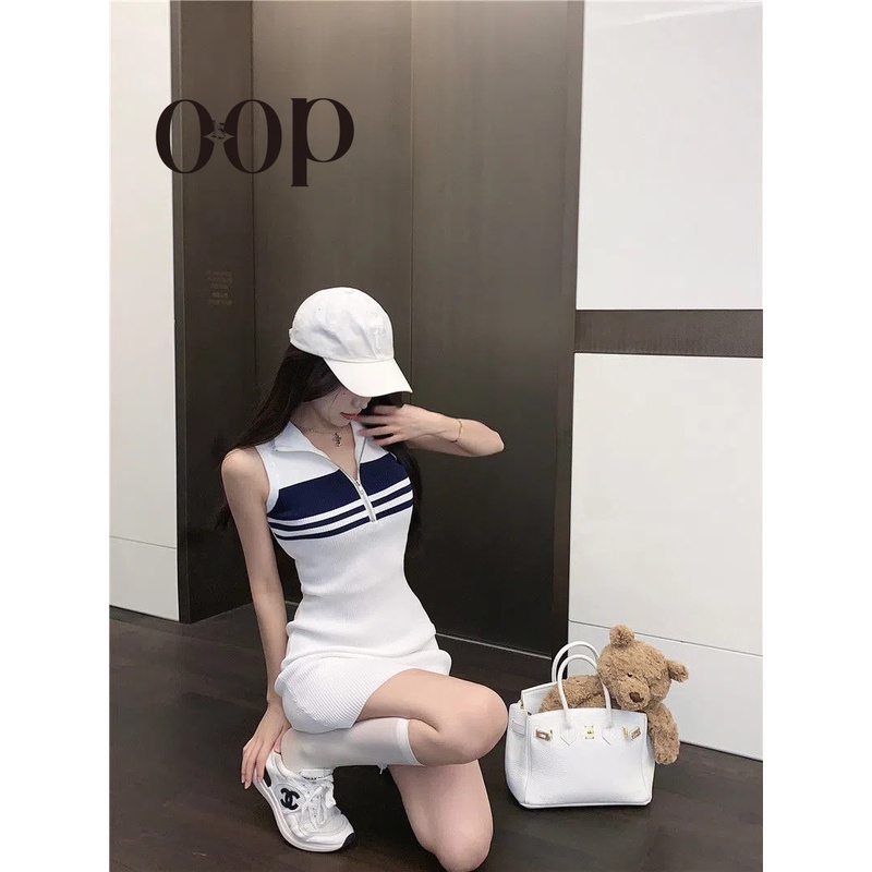 Oop Đầm Dệt Kim Sát Nách Ngắn Eo Hẹp Màu Sắc Tương Phản Retro HZFWC7061 Cho Nữ