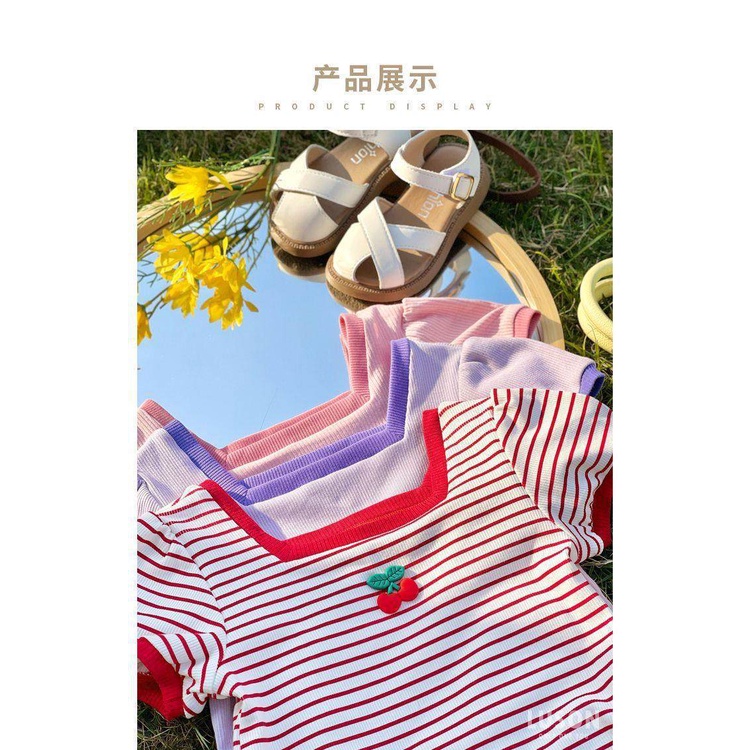 80-130cm Áo thun ngắn tay cổ vuông bằng lụa băng cho trẻ em Mùa hè Phong cách mới cho bé gái Thời trang dễ thương Phù hợp với bé Phiên bản Hàn Quốc