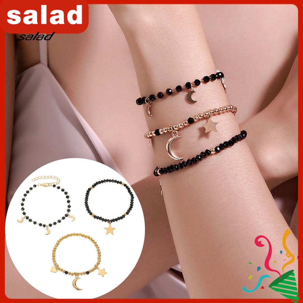 Set 3 Vòng Tay Hạt Nhựa Màu Đen Đính Mặt Trăng Và Ngôi Sao Thời Trang Cho Nữ
