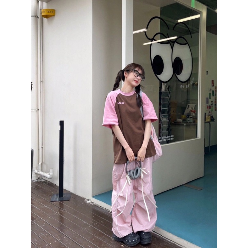 Áo Thun Baby Tee  phối tay Hồng form rộng tay lỡ phong cách Ulzzang