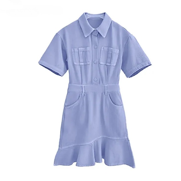 Đầm denim IELGY cổ bẻ ôm eo phong cách Pháp xinh xắn cho nữ