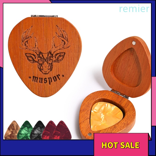 Re wood guitar pick holder pick-shaped guitar storage plectrum container display case with 5 pcs colorful guitar picks