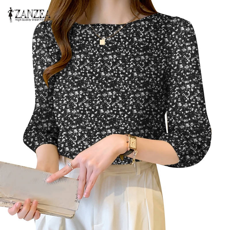 ZANZEA Áo Voan Tay Lửng 3 / 4 Cổ Tròn Họa Tiết Hoa Nữ Tính