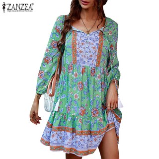 Đầm Nữ Dáng Suông Cổ Tròn Cột Dây Họa Tiết Hoa Thời Trang ZANZEA