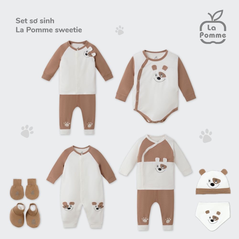 La Pomme - Body chip dài tay La Pomme sweetie - Cam Ghi nâu NB 0M 3M