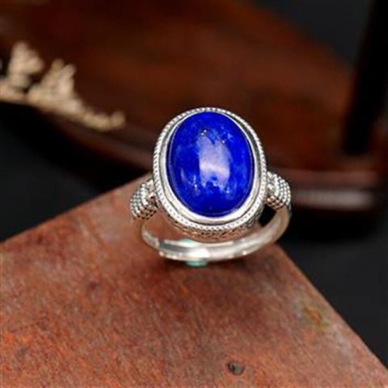 Nhẫn Đeo Tay Lapis Lazuli Hình Oval May Mắn Tự Nhiên Có Thể Điều Chỉnh Kích Thước Và Giữ An Toàn