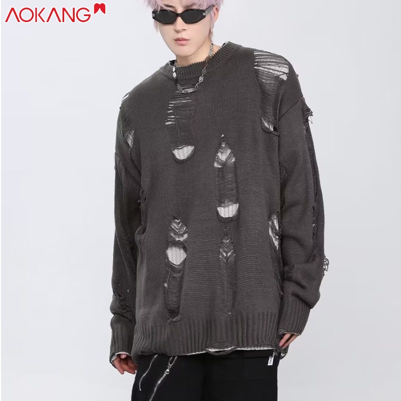 Aokang Áo sweater Dệt Kim Khoét Rỗng Cổ Tròn Dáng Rộng Phối Viền Thời Trang Cao Cấp Cho Nam