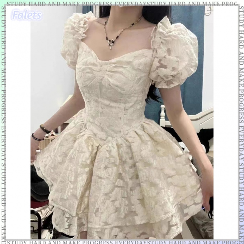 Váy Búp Bê Jacquard Mẫu Mới Mùa Xuân Và Mùa Hè, Váy Tay Phồng, Váy Công Chúa Cổ Vuông Khâu Ngọt Ngào Phong Cách Retro