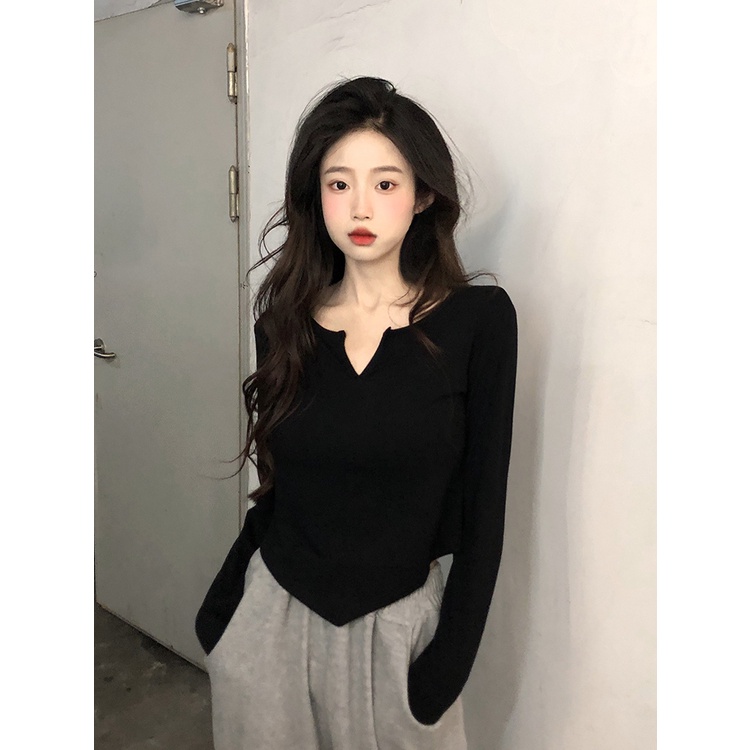 2023 spring autumn new v-neck dài tay áo t-shirt không thường xuyên của phụ nữ đa năng bên trong phù hợp với áo sơ mi dưới cùng slim fit hot girl print tee