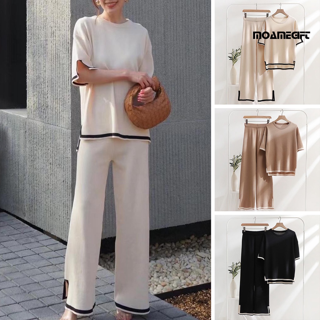 2 cái / bộ phụ nữ t-shirt quần bộ chia lỏng màu tương phản đơn giản tay áo ngắn hàng ngày mặc thun eo rộng phụ nữ trang phục mùa hè quần áo nữ