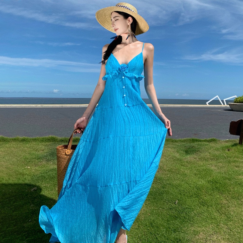 Dou Đầm Xòe Dài Xếp Nếp Hoa Hồng handmade Lãng Mạn Kiểu Pháp Đi Biển sanya Siêu Thần Tiên