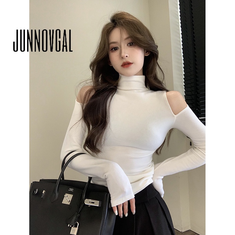 Áo thun nữ JUNNOVGAL tay dài hở vai cổ cao nửa thời trang mới 2023