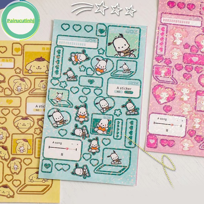 Set 6 Tấm Hình Dán hello kitty melody kuromi hello kitty Màu laser Chống Thấm Nước diy vn