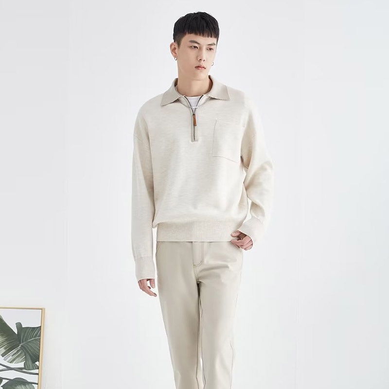 Áo len nam hanlu màu tương phản áo thun polo dệt kim nửa mở ve áo dài tay phong cách nấu chín nhẹ chất lượng cao trên cùng