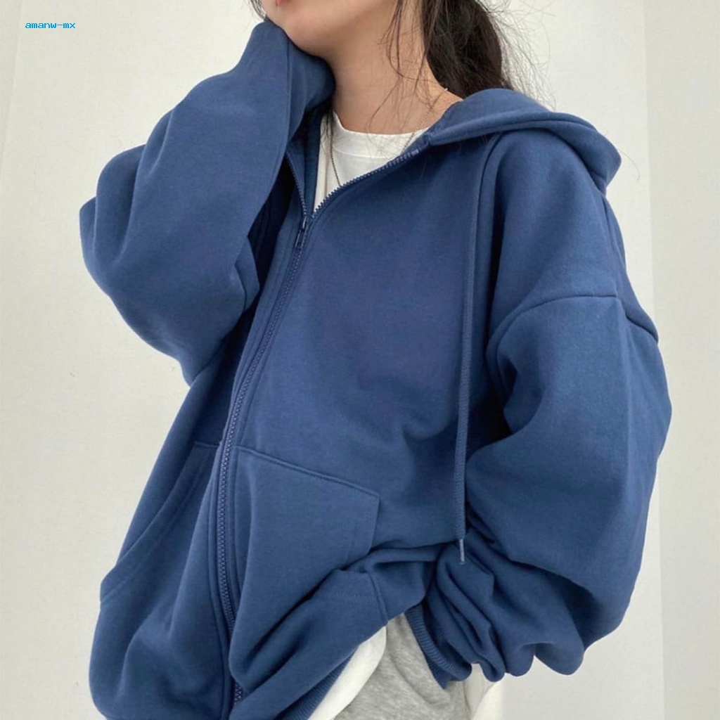 Am * phụ nữ zip-up hoodie phụ nữ áo khoác mùa đông dây kéo đóng cửa dày có mũ trùm đầu dài tay áo màu rắn túi thun co giãn đa năng và phong cách hoàn hảo cho mùa lady autumn