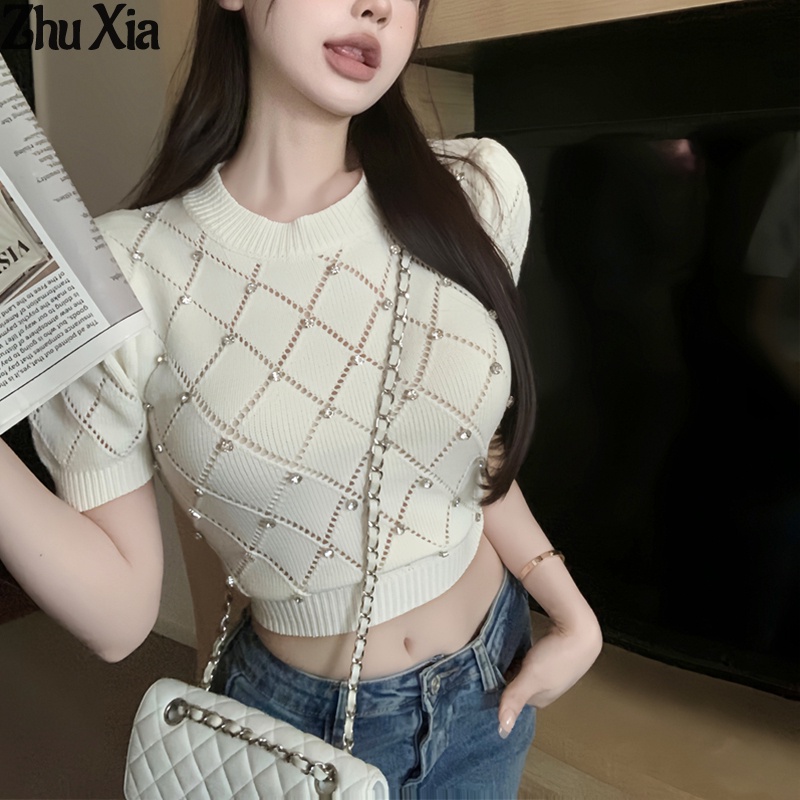 Áo croptop ZHUXIA dệt kim tay ngắn họa tiết hình thoi thời trang phong cách Hàn Quốc xinh xắn cho nữ