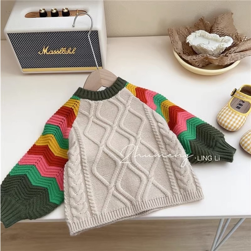 Áo Len Lông Cừu Tay Áo Gợn Sóng Màu Tương Phản Thời Trang Thu Đông Hàn Quốc Dành Cho Bé Gái 2-7 Tuổi
