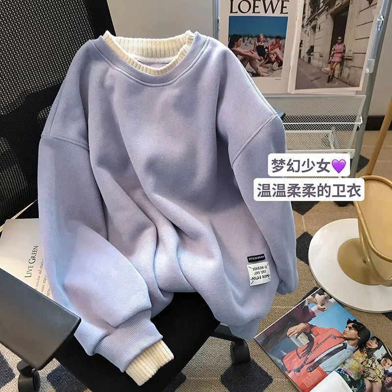 Cổ tròn fake two-piece hoodies sang trọng của phụ nữ mùa xuân thu mới áo hoodie lỏng lẻo giản dị